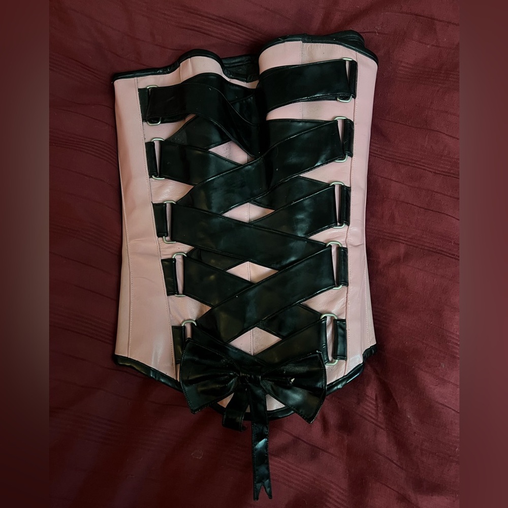 Pink leather overbust corset with black pvc details